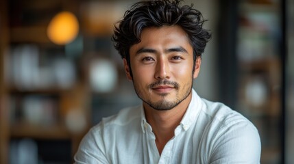 Fototapeta premium A young man with stylish hair and a confident smile, sitting in a cozy caf? with warm lighting
