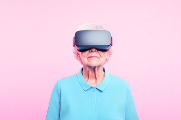 Fototapeta premium Elderly woman's inspirational journey with virtual reality technology at home