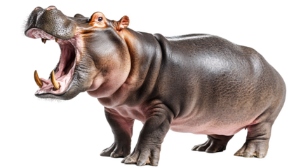 A powerful hippopotamus with its mouth open isolated on a transparent background, PNG