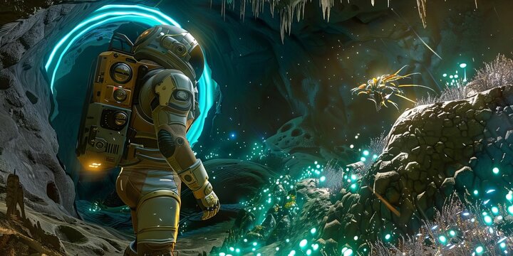 An astronaut explores a glowing alien cave with bioluminescent flora and a mysterious creature.