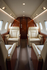 Empty cabin of private jet with comfortable seats in flight. Luxurious interior of aircraft.