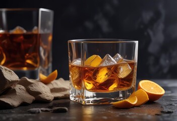 A glass of whiskey on the rocks with a twist of orange peel, barware, spirits, amber hue