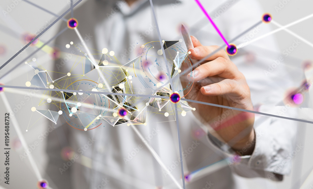 Poster Neural network 3D illustration. Big data and cybersecurity - 3d