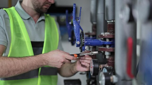 Professional man in boiler room monitors pressure gauge on heating equipment. Industrial worker, engineer, or plumber maintains heating system.