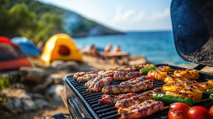 Grilling delicious food by the beach during a sunny summer day at a campsite with friends gathering around