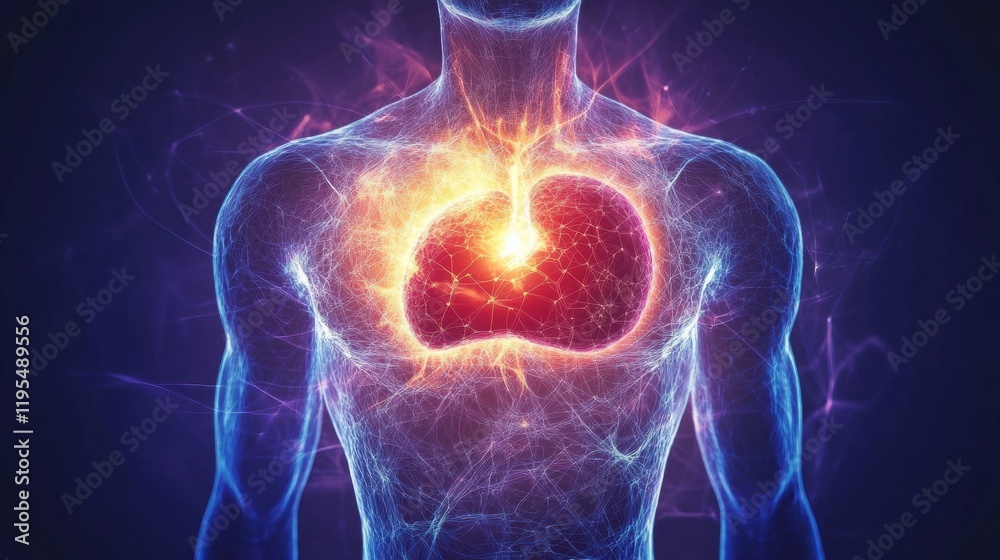 Aufkleber Glowing torso with vibrant energy emanating from the stomach area, showcasing a dramatic display of light and color. Generative AI