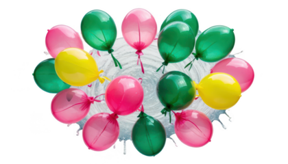 A cluster of water balloons in neon pink, green, and yellow, arranged in a circular pattern with water spilling out from the tied edges, on a transparent background PNG