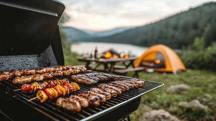 Grilling delicious skewers and meat in a serene lakeside campsite during sunset