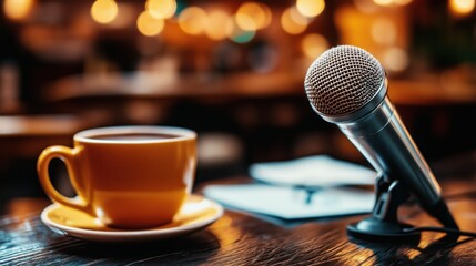 Coffee cup and microphone on a wooden table in a cozy cafe during an open mic night