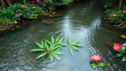 Naklejka premium A group of fresh bamboo leaves floating on the surface of a slow-moving river surrounded by lush greenery and vibrant flowers, nature photography, aquatic life, tree leaves