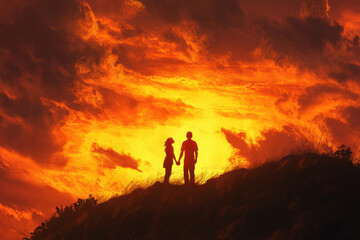 Fototapeta premium Couple Holding Hands Under a Fiery Sunset