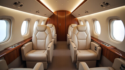 Empty cabin of private jet with comfortable seats in flight. Luxurious interior of aircraft.