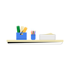 Stationery Items On Shelf In Flat Vector Illustration Symbolizing Office Organization, Creativity, And Work Environment, Isolated On White Background