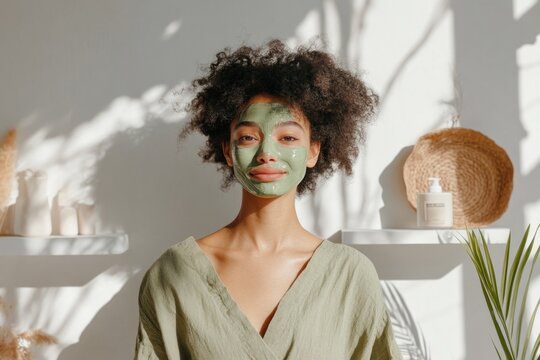 Natural skincare routine with green face mask in sunlit room for relaxation and self care