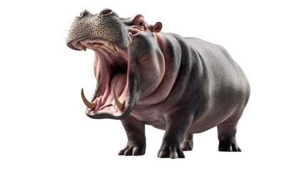 A powerful hippopotamus with its mouth open isolated on a transparent background, PNG
