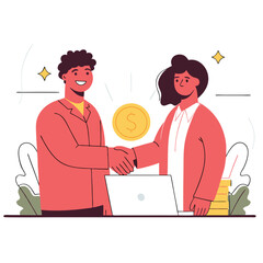 People shaking hands at work - Two businesspeople, man and woman doing handshake in office at work while smiling over business agreement and deal.