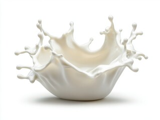 Milk splash forming an artistic shape with droplets captured in a fluid motion on a white background