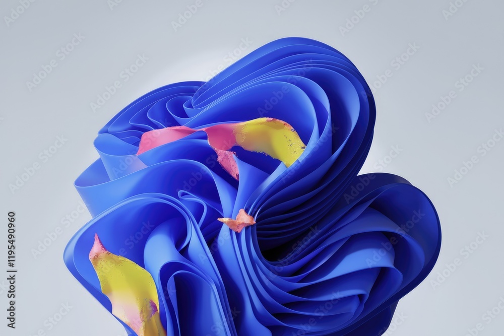 Leinwandbilder Abstract blue form with pink and yellow accents, layered and flowing, creating a dynamic visual.