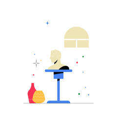 Bust On Pedestal With Decorative Vases In Flat Vector Illustration Symbolizing Art, Sculpture, And Creativity, Isolated On White Background.