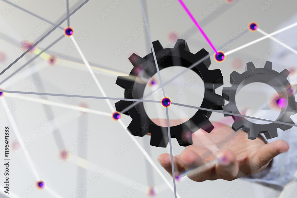 Poster gear system data. Connecting lines and dots.Big data visualization  - 3d
