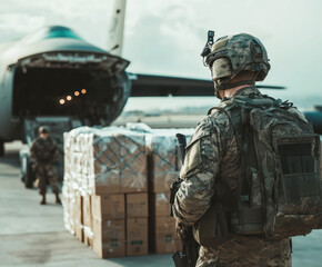 Soldiers preparing logistics for transport at military airbase during daylight operation