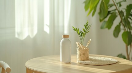 Minimalistic morning table setting with eco-friendly products and natural light in peaceful home environment
