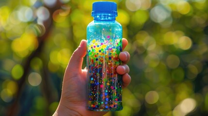 Sparkling glitter bottle for children’s creative arts and crafts in nature. Sensory activities for kids