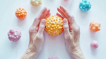 Senior hands holding therapeutic massage ball surrounded by multicolored stress relief balls. Stimulating sensory activities for senior with dementia or Alzheimer's
