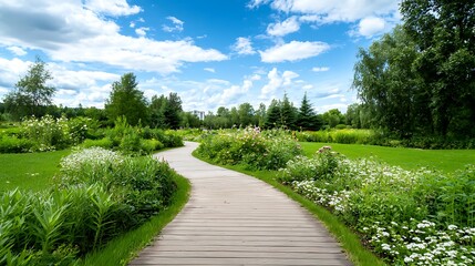 Lush verdant public park with winding geothermal heated boardwalk trails amidst a picturesque natural landscape of flourishing flora towering trees and serene meadows under a tranquil