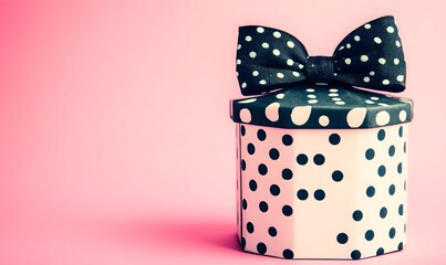 Obraz premium Pink gift box with polka dots and black bow.