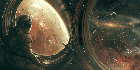 An astronaut gazes out at a vibrant cosmic scene filled with planets and distant galaxies.