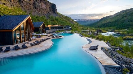 Luxurious Eco Resort Powered by Geothermal Energy Nestled in a Breathtaking Mountain Valley with Panoramic Views of the River and Surrounding Wilderness
