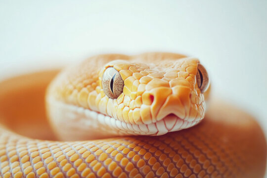 Close-up of a beautiful yellow python resting on a surface, showcasing its unique scales and vivid colors during daylight