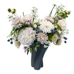 Elegant white flower arrangement in a dark gray vase against a black background, perfect for wedding decor or floral design inspiration