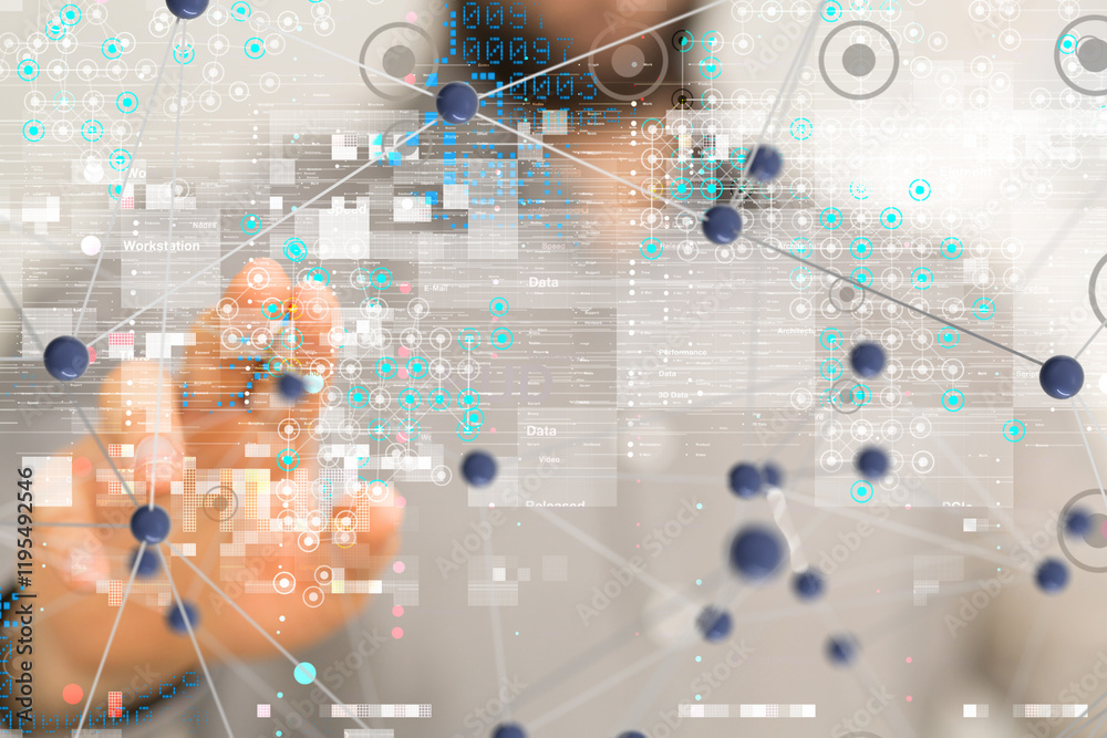 Poster Neural network 3D illustration. Big data and cybersecurity