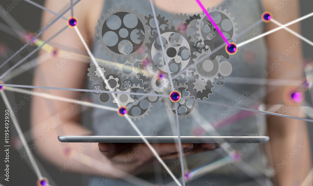 Poster gear system data. Connecting lines and dots.Big data visualization  - 3d