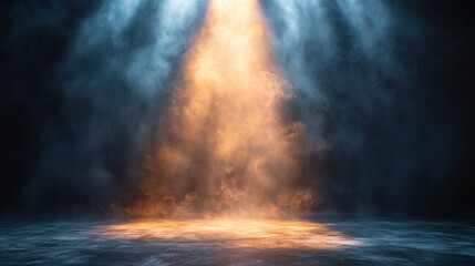 Obraz premium Orange and blue smoke rising from concrete floor in dark room