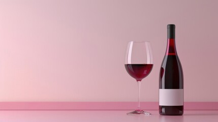 Elegant red wine bottle and glass on soft pastel background for dining or celebration