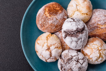 Sweet freshly baked round cookies of several types