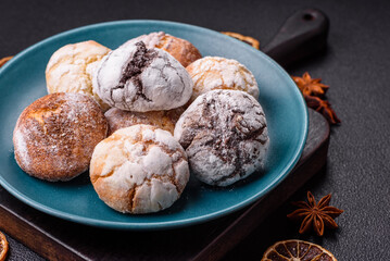 Sweet freshly baked round cookies of several types