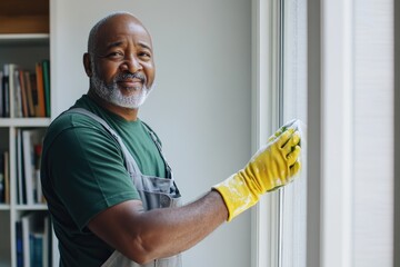 Senior man smiling while cleaning windows at home in casual attire. Man cleaning