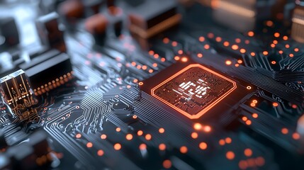Obraz premium Overloaded circuit pathways with breach signals glowing in a futuristic high tech digital landscape The image depicts a complex interconnected network of electronic circuits and pathways