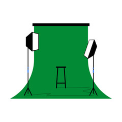 Photography Studio Setup With Green Screen In Flat Vector Illustration Symbolizing Media Production, Creativity, And Filming, Isolated On White Background
