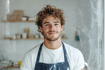Young male baker in casual kitchen setting with warm smile. Man cleaning
