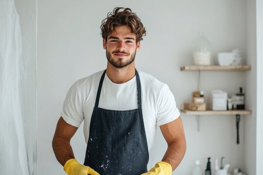 Young man cooking in kitchen wearing apron and yellow gloves. Man cleaning