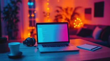 Cozy workspace featuring a laptop with colorful lighting and warm ambiance in a modern living room setting