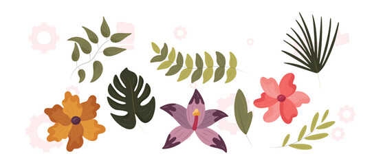 Collection of spring colorful flower elements vector. Set floral of wildflower, leaf branch, foliage on white background. Hand drawn blossom illustration for decor, easter, sticker, clipart, print.