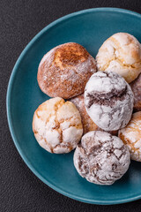 Sweet freshly baked round cookies of several types