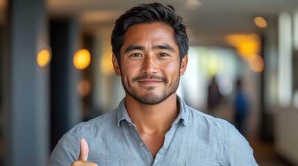 Fototapeta premium Smiling man giving a thumbs-up gesture in a modern office environment with blurred colleagues in background