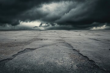 Cracked asphalt road under a stormy sky